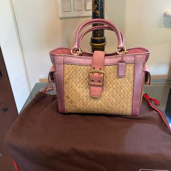 COACH STRAW/LEATHER HANDBAG PREOWNED Pink/tan - Picture 4 of 10